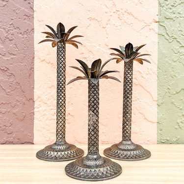 Set of Three Metal Palm Tree Candlesticks