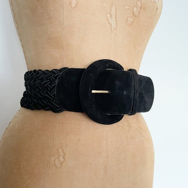 Vintage ‘80s ‘90s black woven rayon & suede belt | Express Compagnie Internationale, wide braided belt, cinch belt 
