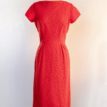 1950s Dress Red Lace Fitted Cocktail Party S 