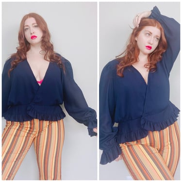 1990s Vintage In The Mood Poly Chiffon Navy Wrap Blouse / 90s Poet Sleeve Ruffled Trim Shirt / Size XL - XXL 