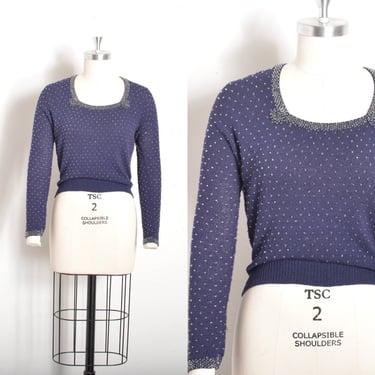 Vintage 1950s Sweater / 50s Beaded Knit Pullover / Navy Blue ( S M ) 