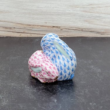 Herend Small Cuddling Rabbits Blue and Pink Fishnet Porcelain Figurine - Hungarian Ceramics 