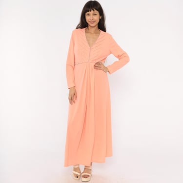 70s Peach Beaded Maxi Dress Empire Waist V | Shop Exile - Tucson, AZ | ATTIC