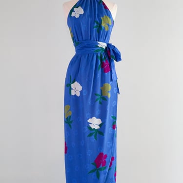 Gorgeous 1970's Nina Ricci Cobalt Blue Silk Floral Print Halter Dress / XS