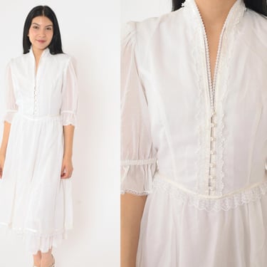 70s Gunne Sax Dress Vintage White Prairie Dress Midi Lace Trim Sheer Puff Sleeve High Waisted Pearl Button up 1970s Small 9 