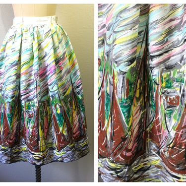 Vintage 1950s OOAK Abstract Novelty Print Fabric Sailboat Skirt Cotton Summer Tiki // Modern Size US 0 2 4 xs 