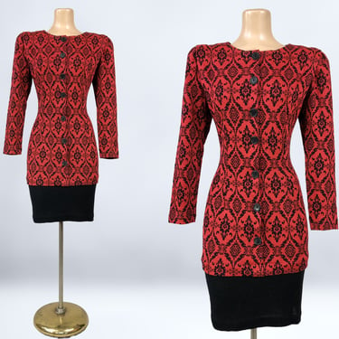 VINTAGE 1980s Black and Red Damask Print Knit Mini Dress by Eber San Francisco Sz 9 | 80s Curvy Sweater Dress | Vintage Knitwear | VFG 