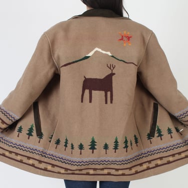 Pendleton Originals Southwestern Print Jacket, Button Up Wool Blanket Coat, Nature Scene Deer Tree Print, Antler Button Overcoat 