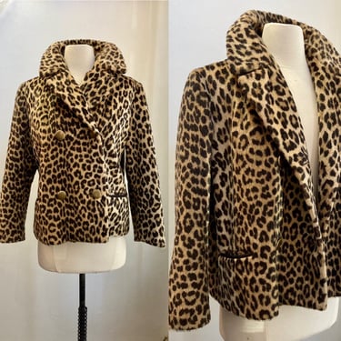 Vintage 50s 60s Faux LEOPARD Print Coat Jacket / Short Cropped Length Swing Style / Double-Breasted Goldtone Buttons + Pockets / Fully Lined 
