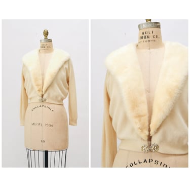 50s Vintage Cream Mink Fur Collar Cardigan Sweater Rhinestone Buttons Medium Vintage Cream Off White Wedding Fur Collared Cashmere Cardigan 