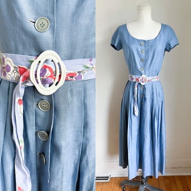 Vintage 1940s Dusty Blue Linen Dress / XS 
