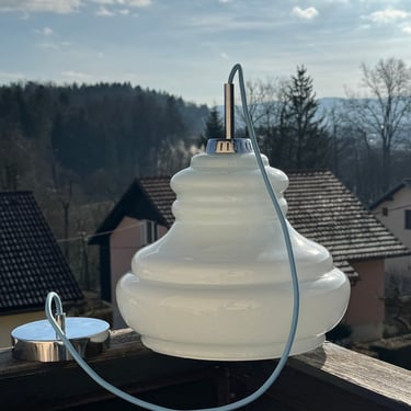 White Glass Vintage Pendant Lamp / Mid-Century Ceiling Light / Retro Home Decor / Dining Room Lighting / Opaline Glass / Yugoslavia / 1970s 