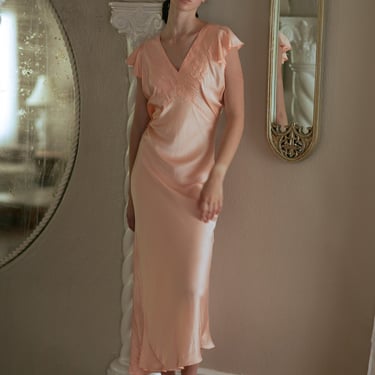 1930s Large / XL bias cut silk nightgown embroidered Art Deco 