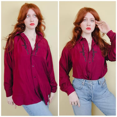 1980s Vintage Burgundy Silk Embroidered Blouse / 80s Wanted Maroon Western Button Up Shirt 