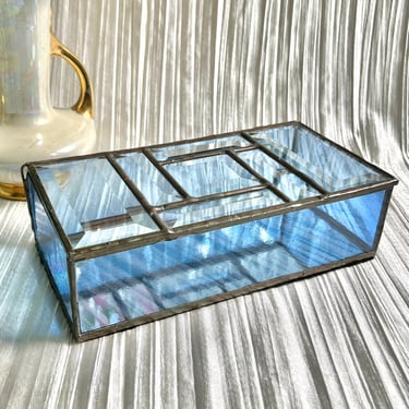 Stained Glass Jewelry Box, Blue Clear, Beveled, Mirror Interior, Art Glass, Vintage, Dresser Top, Home Decor 