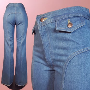Epic vintage 70s jeans BRITTANIA high rise bell bottom saddleback stash pockets woodstock hippie (31 x 36) 