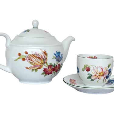 English china teapot with cup and saucer. Royal Worcester fine porcelain colorful floral design, holds 32 oz 