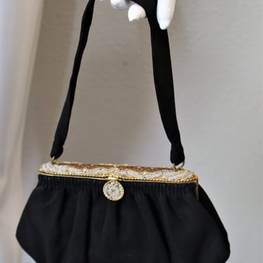 Rare Vintage French 1950's 50s Black Beaded CLOISONNE Evening BAG Metal Brass Hinge Handbag Purse  Collectible 