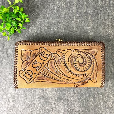Tooled leather embossed clutch/wallet - handmade vintage 