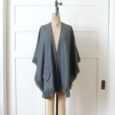 vintage 1940s gray gabardine cape • fringed long womens suiting cape with pocket 