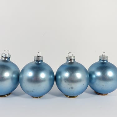 Vintage Blue Satin Glass Ornaments - 4 Pale Ice Blue Christmas Balls 