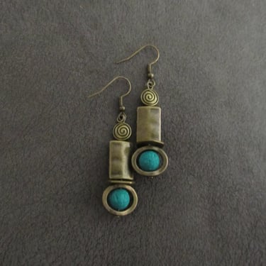 Industrial earrings, blue lava rock and bronze minimalist earrings, mid century modern earrings, unique Art Deco earrings, geometric 