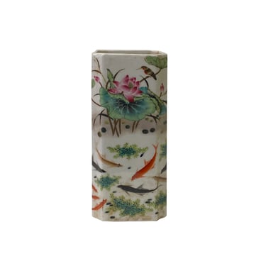 Chinese Off White Porcelain Koi Fishes Lotus Square Shape Vase ws2084E 