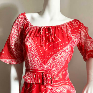 1970s Red Abstract Maxi Dress 