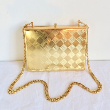 1970's Rodo Italian Gold Metal Hard Case Convertible Clutch Purse Chain Strap Evening Cocktail Party Disco Bag Harlequin Made in Italy 