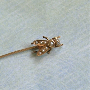 Antique 14K Gold and Pearl Stick Pin With Fly Motif, Gold Stick Pin With Fly, Antique 14K Gold Stickpin (#4053) 