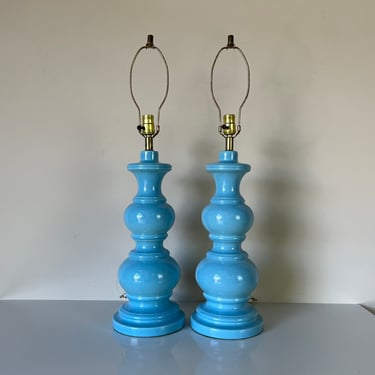 70's Hollywood Regency Blue Ceramic Glaze Table Lamps - a Pair 