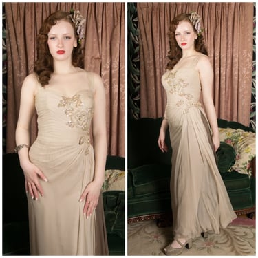 1956s Dress - Elegantly Pleated and Draped Silk Chiffon Evening Dress in Pale Beige and Brown with Sequined Trimmed Rose Appliques 