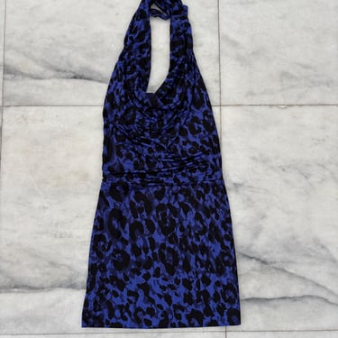 Y2K Moda International Dress Blue Animal Print Satin Cowl Halter Bodycon Drop Waist Small 