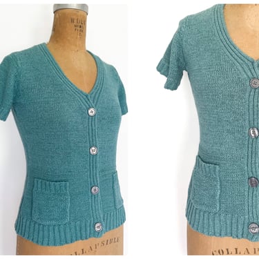 Vintage Evan Picone petites aqua blue summer sweater | short sleeve sweater, XS 