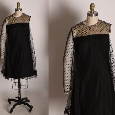 1960s Black Asymmetrical One Sleeve Knee Length Sheer Dot Overlay Rhinestone Collar Formal Cocktail Dress -M 