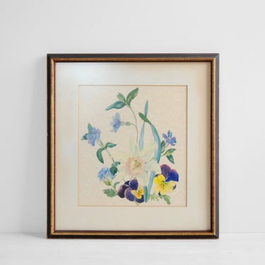 Vintage Framed Watercolor Painting of Flowers 