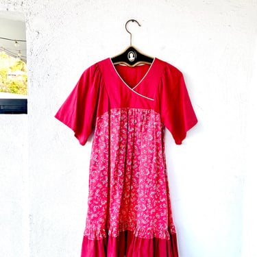 Vintage 70s Hawaiian Muumuu Hawaii 1970s Prairie Cottage Dress Red Floral 