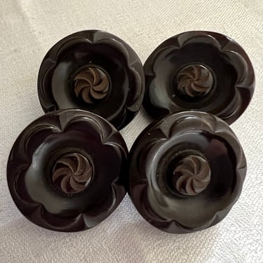 Buttons Bakelite 4 brown carved w shank 
