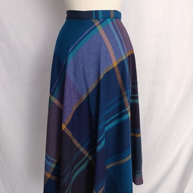 Vintage 70s Plaid Wool Circle Skirt // Blue and Gold Tartan Wool Skirt 