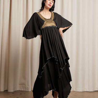 ZANDRA RHODES 70s Black Layered Dress with Olive Satin Accents