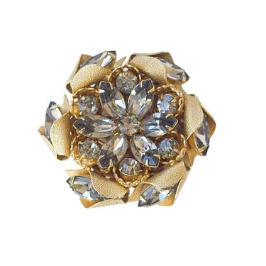 Large Gold Tone Rhinestone Flower Brooch 