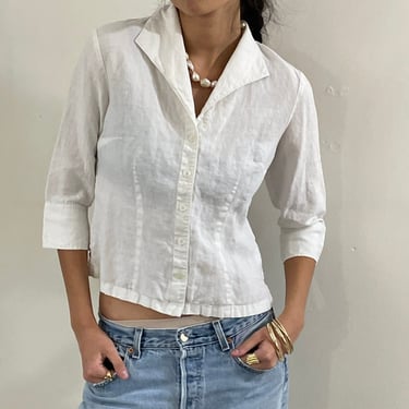90s linen cropped blouse / vintage white Irish linen cropped cooper collar shirt blouse | Small 