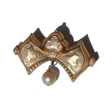 Victorian Pearl Drop Brooch GF Bow Tie Pin 