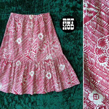 Boho Vintage 70s 80s Light Red/Pink Batik Style Floral Patterned Mid-Length Cotton Skirt 