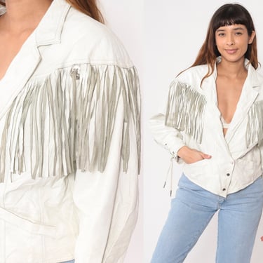 Fringe Leather Jacket 80s 90s White Leather Jacket Boho Southwestern Vintage Festival Cropped Snap up V Neck Bohemian Hippie 1980s Medium 