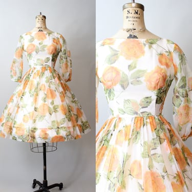 1950s ORANGE ROSE PRINT dress xs | new fall 
