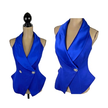 M 80s 90s Royal Blue Formal Halter Neck Top Medium, Dressy Fitted Open Back, Bombshell Cocktail Evening Clothes, Women Vintage PARISIAN ROOM 