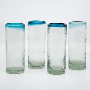 1980's Mexican Sea Glass Hand-Blown Blue Rim Highball Glasses Set of 4 