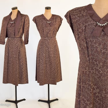 1940s Brown Embroidered Dress Set | 40s Brown Taffeta Dress & Jacket Set | Gloria Swanson | Large 