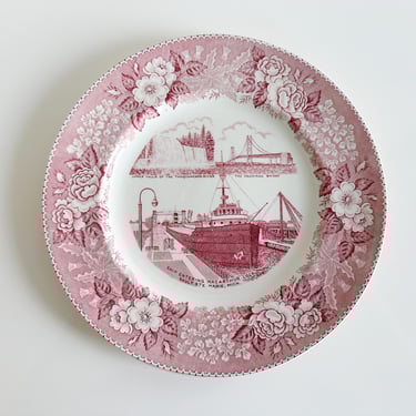 Northern Michigan Souvenir Plate: Mackinac Bridge, Sault St. Marie, MacArthur Lock Old English Staffordshire Ware Adams Vintage 